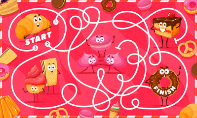 Poster - Labyrinth maze game cartoon bakery, sweets and dessert characters. Kids vector worksheet boardgame test with croissant, cake, muffin and donut or macaroon, waffle searching correct way on tangled path