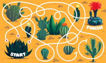 Aufkleber - Labyrinth maze. Cacti succulents in desert. Children labyrinth quiz, kids search path playing activity page or riddle vector worksheet with prickly plants, dessert prickly cactuses and succulents