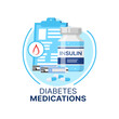 © Vector Tradition - Diabetes medication icon of vector health care. Blood test stripes of sugar or glucose level measurement, insulin injection and pills, medical check up clipboard and red blood drop isolated symbol