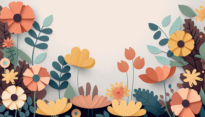 Wall Mural - Paper craft flower border, bursting with an array of colors, creating a captivating backdrop with ample space for your creative messages or designs.