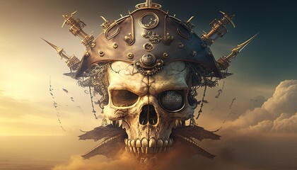 Sticker - steampunk skull pirate, digital art illustration, Generative AI