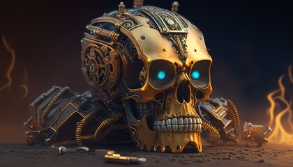Wall Mural - steampunk skull robot, digital art illustration, Generative AI