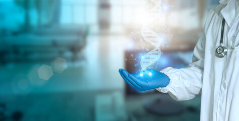 Poster - Medicine doctor holding blue helix DNA structure on hologram modern virtual screen interface and diagnose healthcare on digital network, Science, Medical technology and futuristic concept.