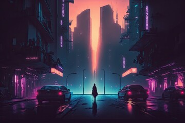 Wall Mural - lone figure amidst the glowing cityscape at night. Generative AI