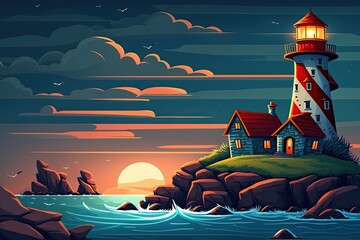 Canvas Print - solitary lighthouse standing on a rocky island surrounded by the ocean. Generative AI