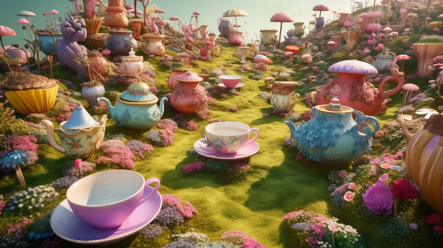 giant tea party: a wonderland landscape that features a giant tea party, with oversized teapots, tea