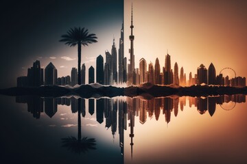Canvas Print - city skyline with a mirrored reflection in the water. Generative AI