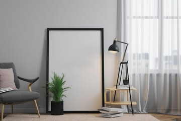 Poster - Blank picture frame mockup in modern living room with minimalistic decor, Generative AI	
