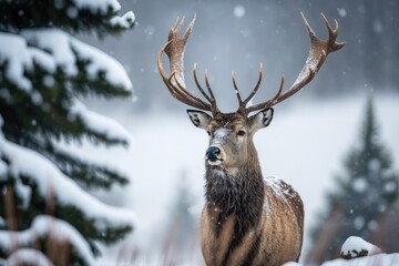 Poster - majestic deer standing in a winter wonderland. Generative AI