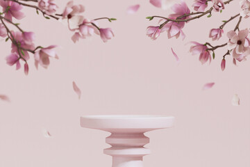 Wall Mural - 3D background, pink podium display. Sakura pink flower falling. Cosmetic or beauty product promotion step floral, pastel pedestal. Abstract minimal advertise. 3D render copy space spring mockup.