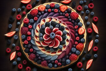 Wall Mural - a top view of a cake stuffed with raspberries, blackberries, and blueberries Generative AI