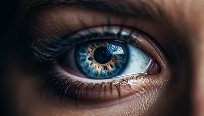 staring woman with beautiful blue eyes observed generated by ai