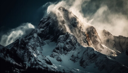 Poster - Snowcapped mountain peak majestically towers over panoramic landscape generated by AI