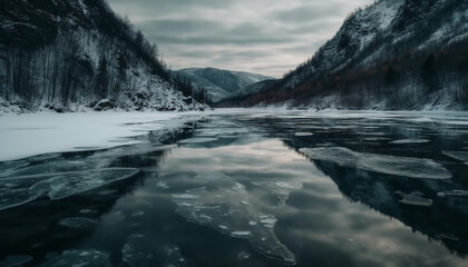 Majestic mountains tower above tranquil, snowy reflections generated by AI