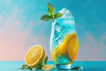 Poster - refreshing summer drink with lemon and ice in a clear glass. Generative AI