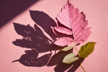 Canvas Print - leaf casting a shadow on a pink wall. Generative AI