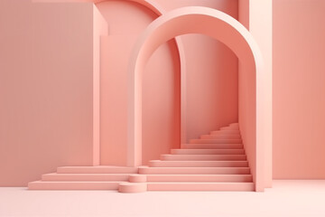 Arch and stairs in trendy minimal interior. 3d render illustration in modern geometric style. Coral pastel colors background for banners for product presentation. generative ai.