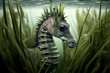 Poster - colorful seahorse swimming in the ocean. Generative AI