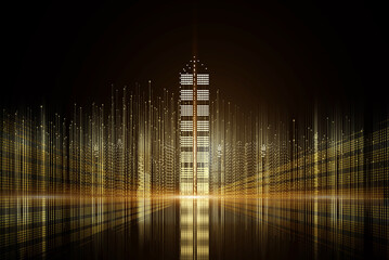 Poster - Virtual golden particles digital city night scene skyline on black background. abstract background technology communication data science and global international network connection concept