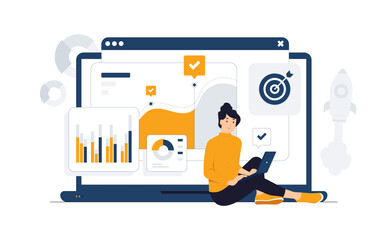 Businesswoman sit with laptop looking at chart to analyzing growth, Site stats, Data inform, Statistics, monitoring financial reports and investments concept illustration