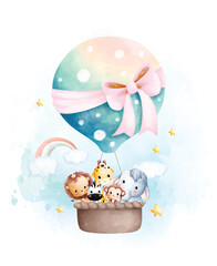 Wall Mural - Watercolor illustration Cute baby animals in hot air balloon