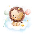 Watercolor illustration Cute baby lion and balloons sitting on the cloud