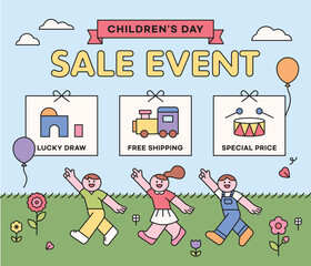 family month. Children's Day Sale Event. Cute children are walking in the flower field. banner template.