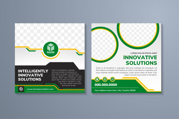 Poster - social media template design with headline is intelligently. space of photo collage and text. Advertising banner with square layout. green, and yellow elements with white background. hexagon pattern.