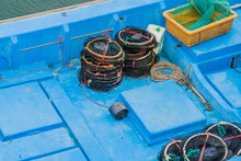 Crab Traps On Deck Of Fishing Trawler.