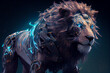 female lion with metal armor and blue lights. Generative AI