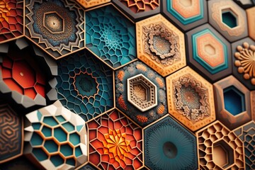 Wall Mural - Mosaic art abstract background in hexagonal shape. distinct generative AI image.