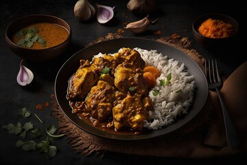 Wall Mural - Chicken curry with rice, a typical dish, served on a plate and sitting on a table in the shadows Generative AI