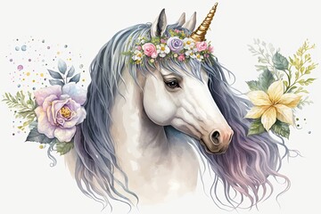 Wall Mural - beautiful unicorn wearing a flower crown. Generative AI