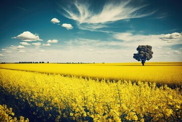 Poster - Canola fields on a sunny summer day provide for a beautiful natural backdrop in this scenic landscape photo. Generative AI