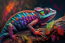 Colorful Chameleon On A Branch, A Creative Concept Of Adaptation And Transformation. Generative AI