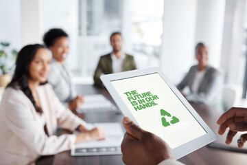 Poster - Digital tablet, business meeting and man with recycle, goal and project proposal in office. Screen, eco and sustainable project by leader with people for vegan, paperless and creative presentation