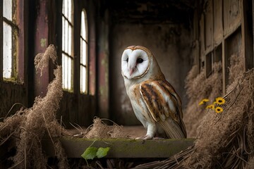 Sticker - majestic barn owl perched on a wooden branch. Generative AI