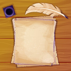 Wall Mural - wooden desk, table with parchment paper notes, inkwell and feather pen top view in cartoon style. Antique document, empty pages.