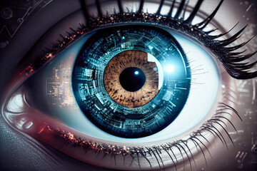 Poster - Close up of human eye with digital binary code. Generative AI