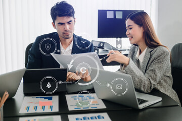Wall Mural - Copyright or patent concept, Business team analyzing data and using smart phone and tablet with virtual screen copyright icon trademark license, Creation ownership against piracy.