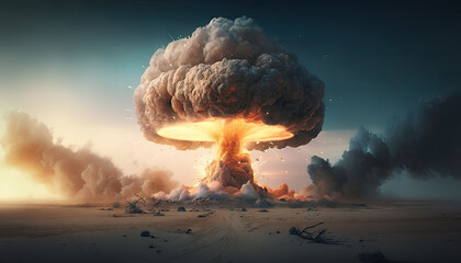Nuclear explosion in the desert. Nuke bomb mushroom radioactive cloud. Generative AI
