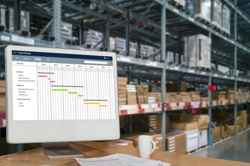 Poster - project planning software for modish business project management on the computer screen showing time