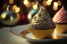 Beautiful Christmas Cupcakes On Plate Against Blurred Lights, Closeup View. AI Generated Image.