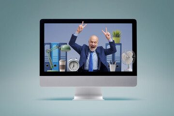 Wall Mural - Successful businessman in a computer screen