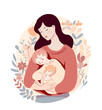 Woman holds baby. Vector design for Mother's day with mom hugs little kid, plants and flowers at background. Beautiful card  about parenting and motherhood