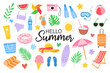 Set cute summer holiday beach elements. Hello summer lettering. Cartoon vector illustration.