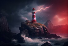 A Lighthouse With A Storm In The Background And Lightning In The Sky Above It, With A Lighthouse On A Rocky Shore With A Red Building In The Foreground.  Generative Ai