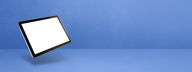 Sticker - Floating tablet pc computer isolated on blue. Horizontal banner background