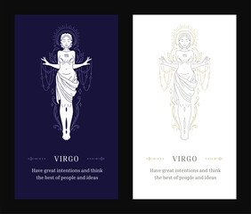 Wall Mural - virgo astrology woman goddess zodiac description line art deco poster design template set vector