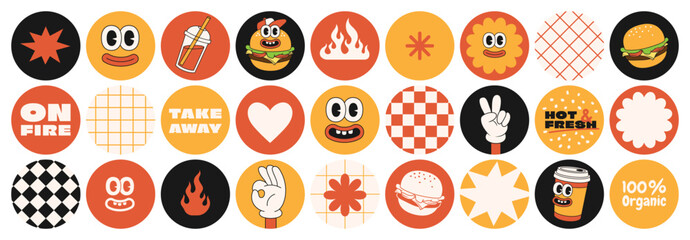 Wall Mural - Burger retro cartoon fast food stickers. Comic character, slogan, quotes and other elements for burger bar, cafe, restaurant. Groovy funky vector illustration in trendy retro cartoon style.